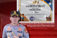 Polres Bone meraih penghargaan Terbaik 1 Pelaporan Quick Wins Manajemen Citra Polri Bidang Sumber Daya Manusia Tahun 2024 Polda Sulsel. (ist)