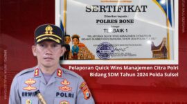 Polres Bone meraih penghargaan Terbaik 1 Pelaporan Quick Wins Manajemen Citra Polri Bidang Sumber Daya Manusia Tahun 2024 Polda Sulsel. (ist)