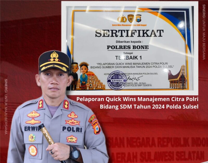 Polres Bone meraih penghargaan Terbaik 1 Pelaporan Quick Wins Manajemen Citra Polri Bidang Sumber Daya Manusia Tahun 2024 Polda Sulsel. (ist)