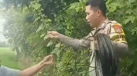 Bripka Andi Rusman tengah membentangkan kabel listrik ke rumah warga. (ist)