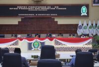 Rapat Paripurna ke-29 DPRD Kaltim yang digelar Jumat (8/8/2025) siang jadi ajang adu argumen. (Foto/Humas)
