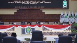 Rapat Paripurna ke-29 DPRD Kaltim yang digelar Jumat (8/8/2025) siang jadi ajang adu argumen. (Foto/Humas)
