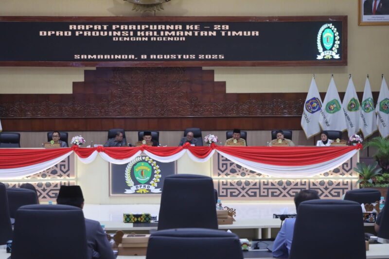 Rapat Paripurna ke-29 DPRD Kaltim yang digelar Jumat (8/8/2025) siang jadi ajang adu argumen. (Foto/Humas)
