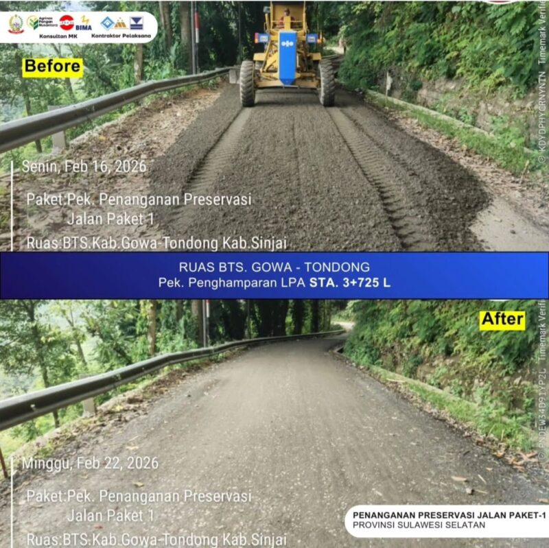 progres pengerjaan infrastruktur jalan yang masuk dalam paket 1 program Multiyears Project (MYP) yang mencakup penanganan 14 ruas salah satu jalan di wilayah batas Kabupaten Gowa –  Kabupaten Sinjai Sulawesi Selatan